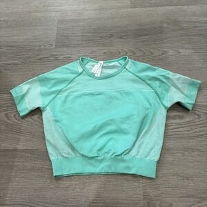 Kimberly C Womens Sz M Ultra Seamless Crop Top short sleeve Open Back Green Blue